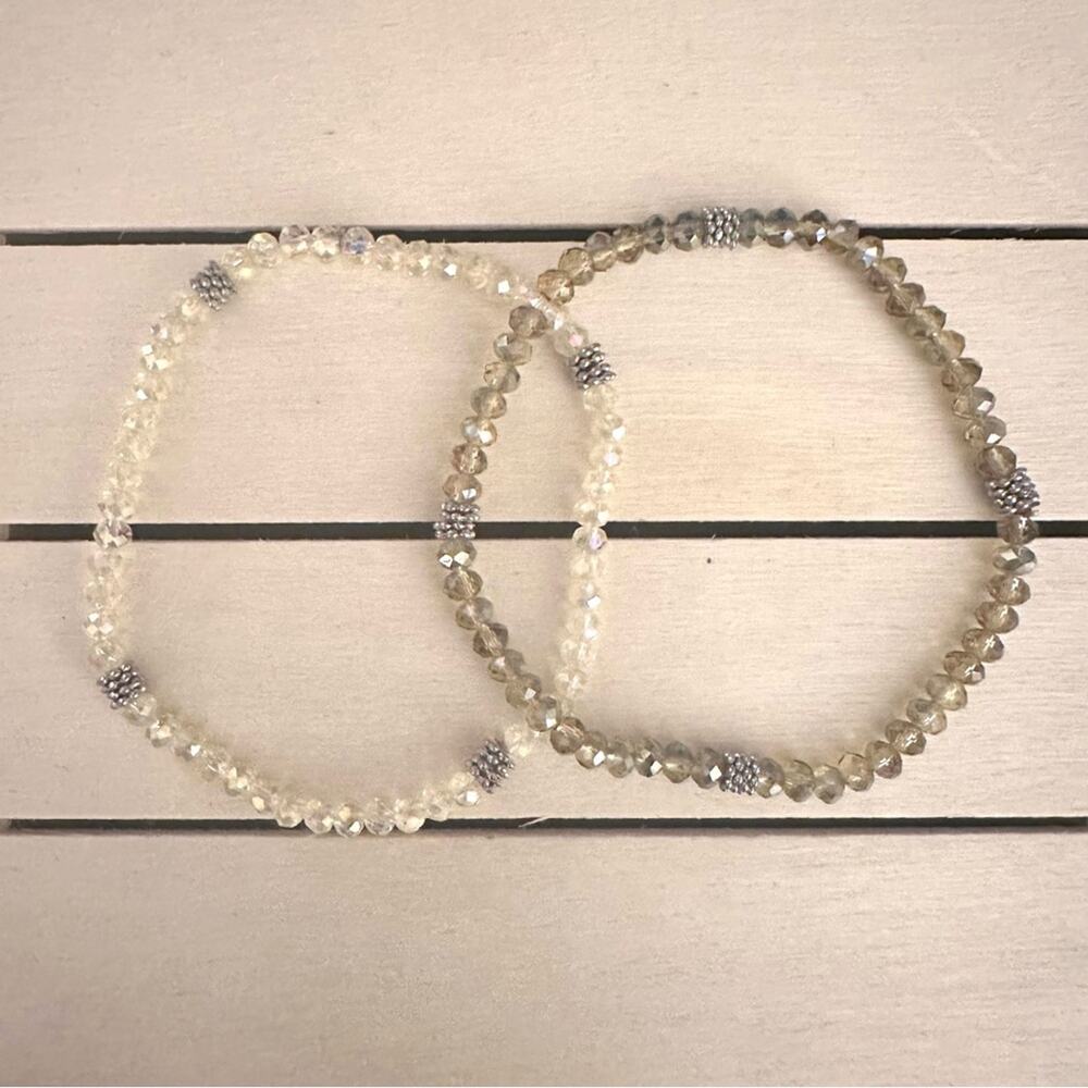 Beaded Bracelets Stretchy Bling Delicate Dressy Silver Gray Cream Set of Two